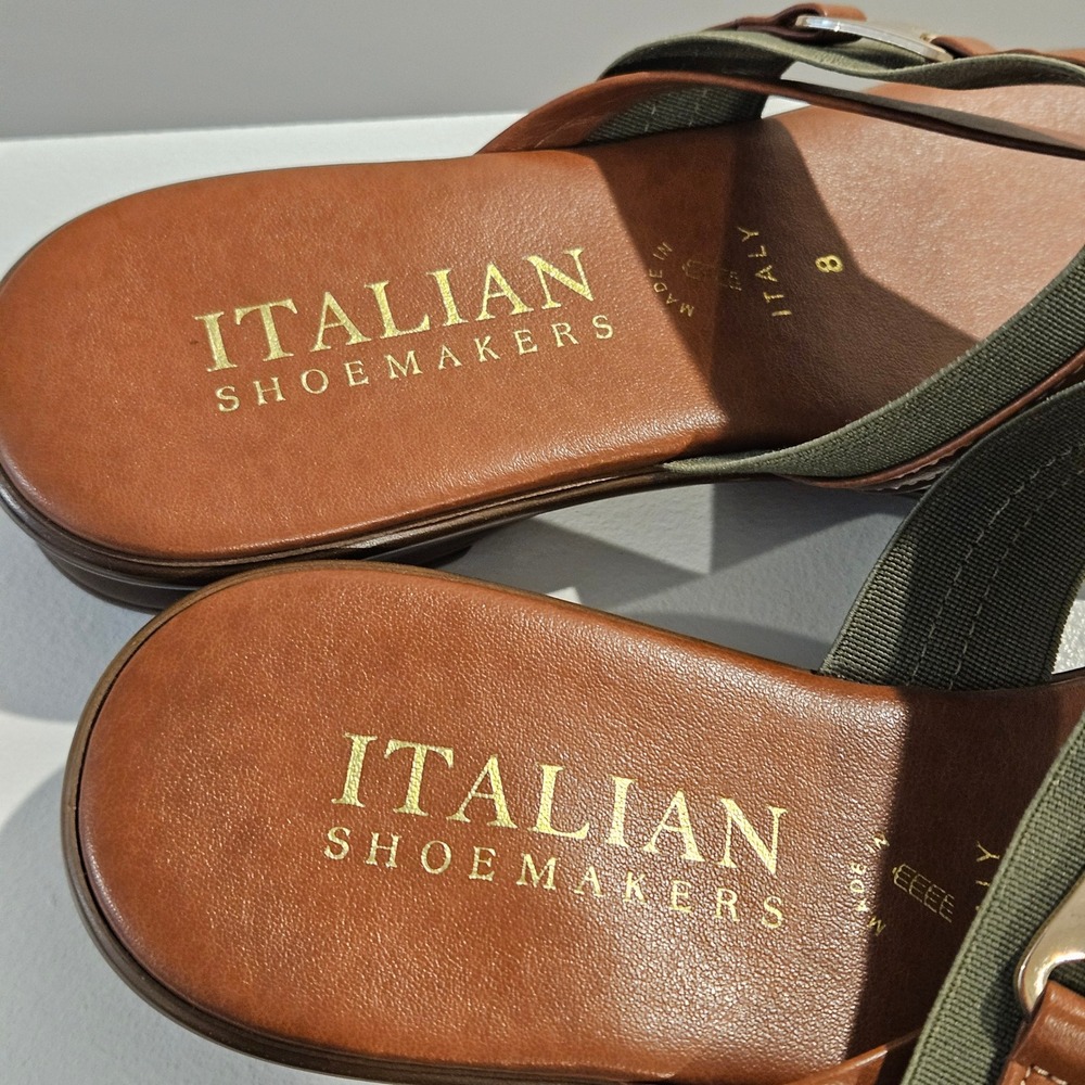 Italian Shoemakers Sandals Womens 8 Brown Olive Toe Loop Flat Elastic Italy - Picture 3 of 7